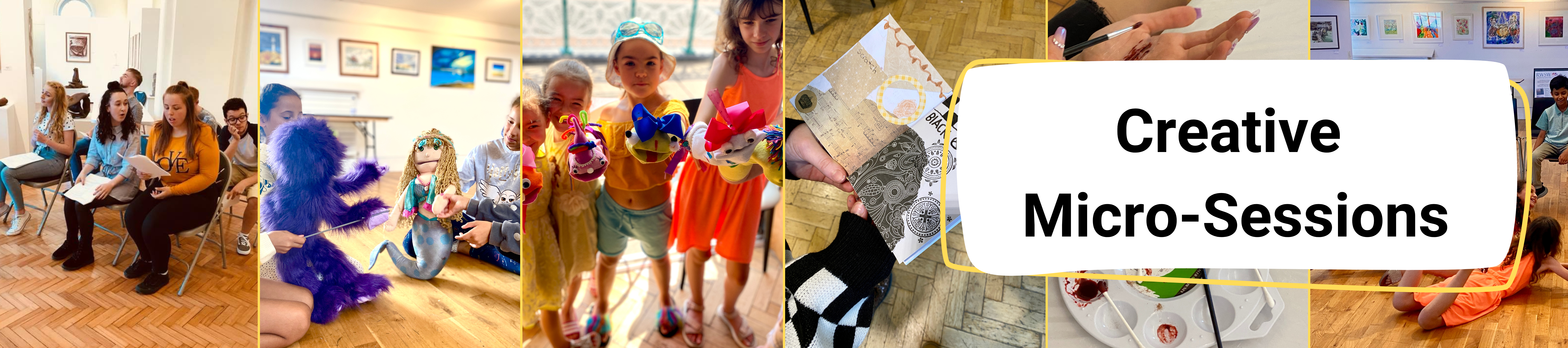 A mixture of photographs from Creative Micro-Sessions. They include Drama sessions, puppetry, sock puppets, and journaling.
